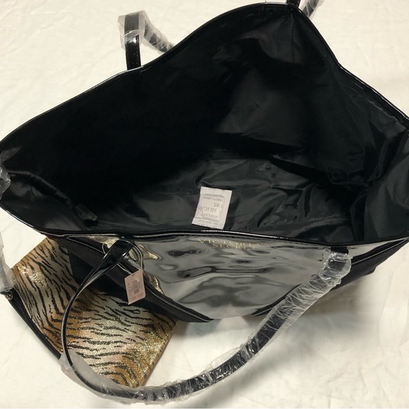 VICTORIA’S SECRET N.W.T. Shoulder,/Tote Black Bag 19” X 11” Tiger Pouch 8”X6”NEW - Picture 11 of 14